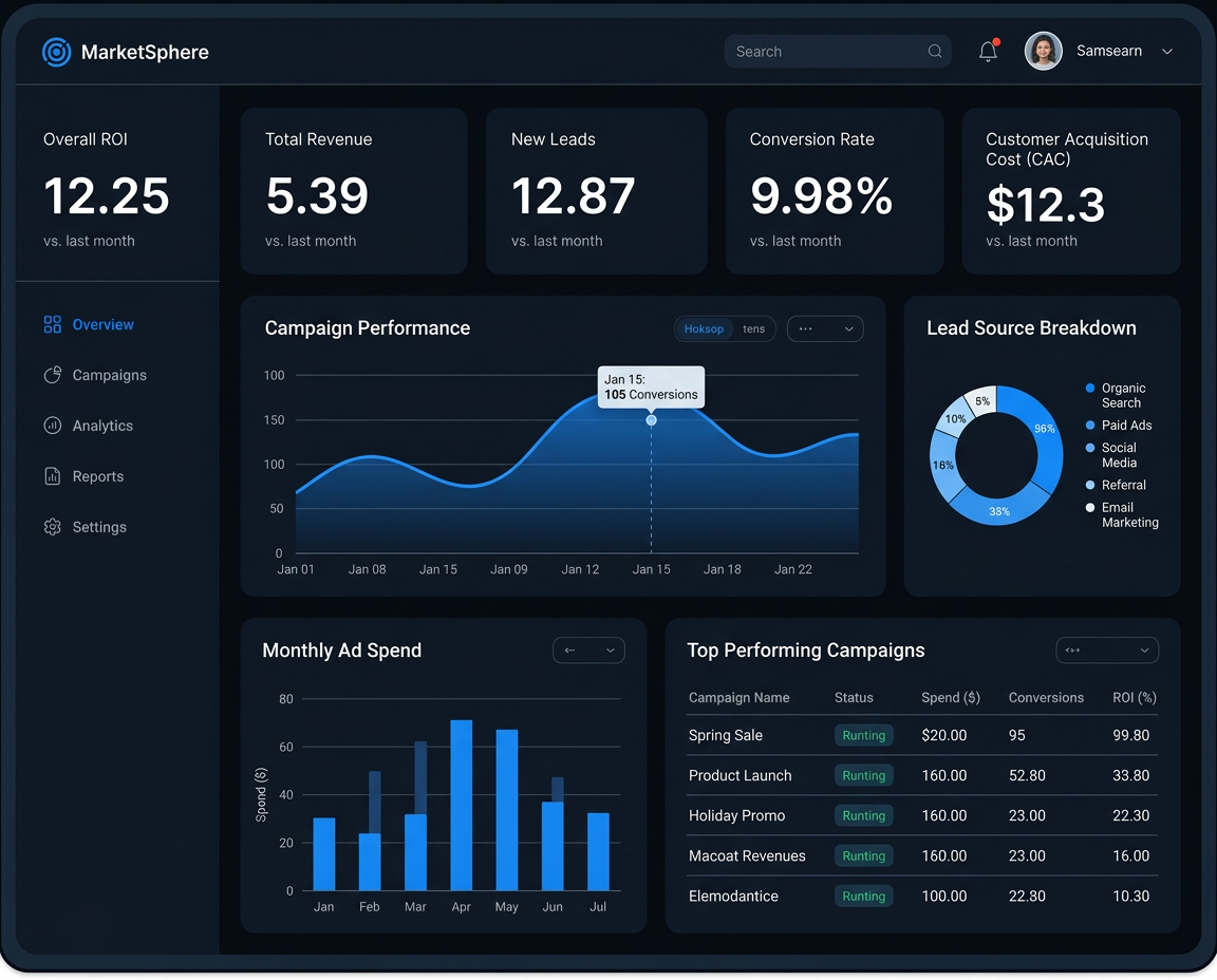 MarketSphere analytics dashboard showing campaign performance, ROI, ad spend and conversion metrics